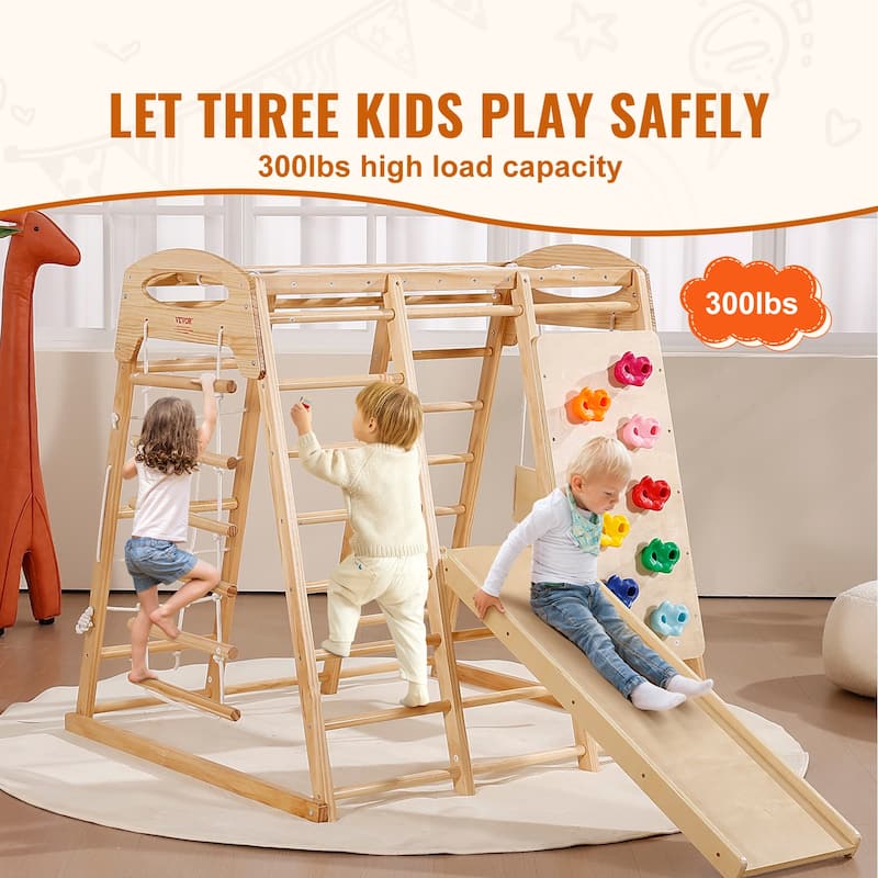 Indoor Jungle Gym with Wood & Rope Ladder, Net Ladder, Swing, Monkey Bar, Slide, Climbing Wall - 43 x 47.2 x 47in
