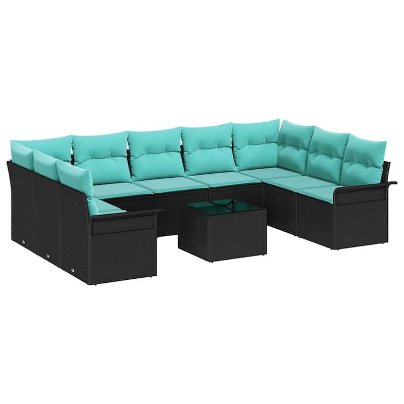 vidaXL 10 Garden Sofa Set with Cushions Black Poly Rattan - 113.8 x 52.2 x 27.2