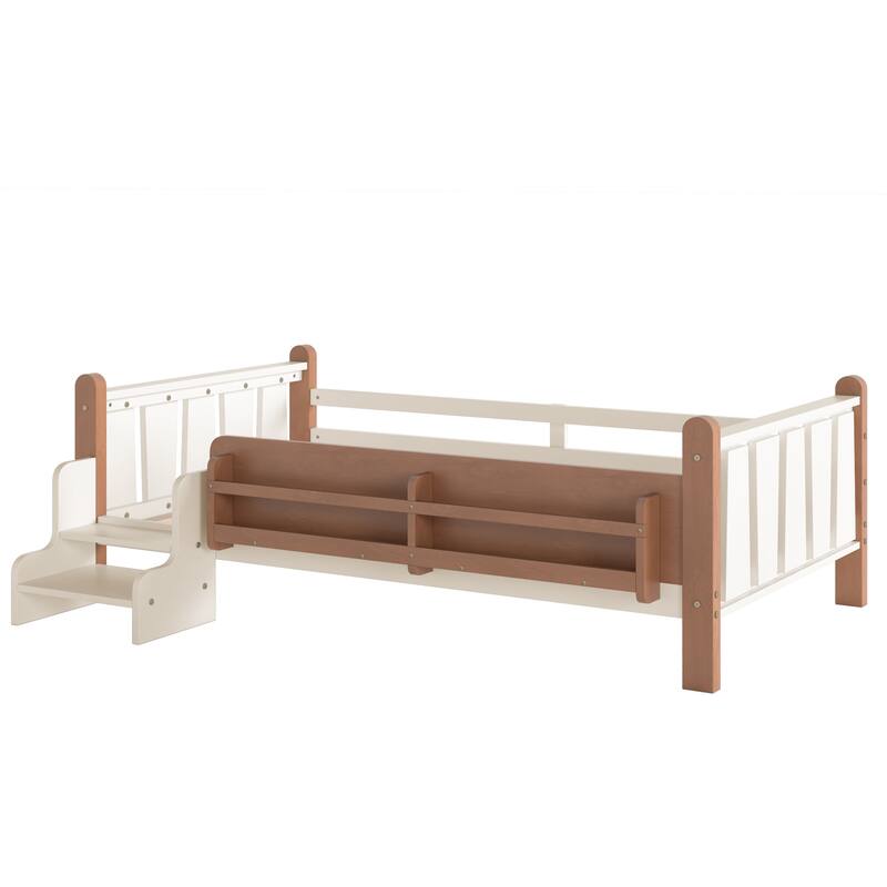 Full/Twin Floor Bed with Storage Bookcases & Cute Stairs - Solid Wood Kids Bed, No Box Spring