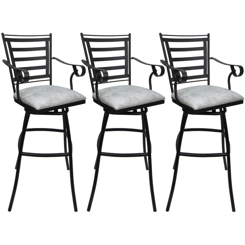 Set of 3 Outdoor Indoor Bar Stool Counter Extra Tall - Jenna with Arms - Ultra Hide White Vinyl - Black - Bar Height
