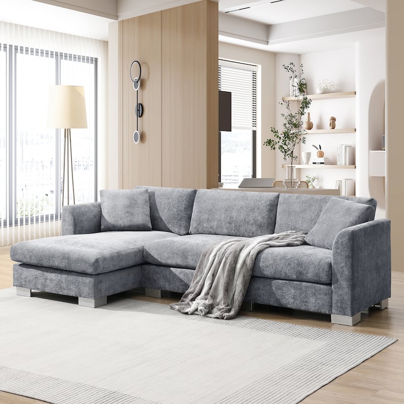 96*56" L-shaped 4-seat Chenille Sofa with Chaise and 2 Pillows, Gray - Multi-Color