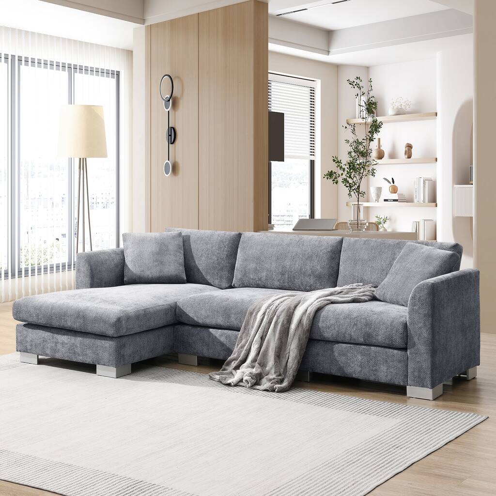 96*56" L-shaped 4-seat Chenille Sofa with Chaise and 2 Pillows, Gray