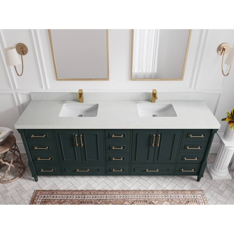 Willow Collections 84 in. W x 22 in. D Aberdeen Double Bowl Sink Bathroom Vanity with Countertop - 2" Carrara Quartz - Dark Forest Green