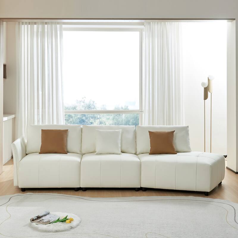 Real Leather Sectional Sofa 3 Seat Couch Sets for Living Room, White