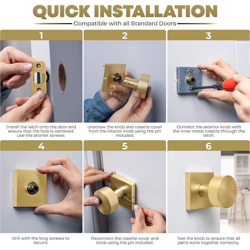 Mega Handles SUANA Modern Square Passage Door Knob for Hallway, Closet, Bathroom | Keyless Reversible Interior Door Handle
