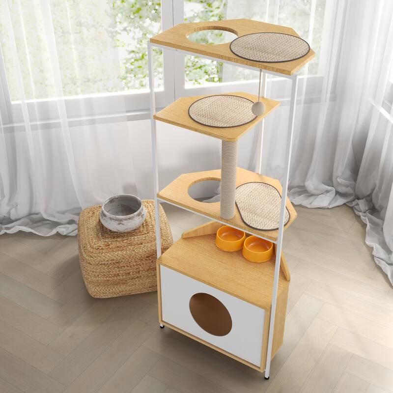 Corner Cat Tower,Cat Tree，Scratching Post,Cat Condo with Feeding Station and Climbing Platforms,Pet Furniture for Indoor Cats