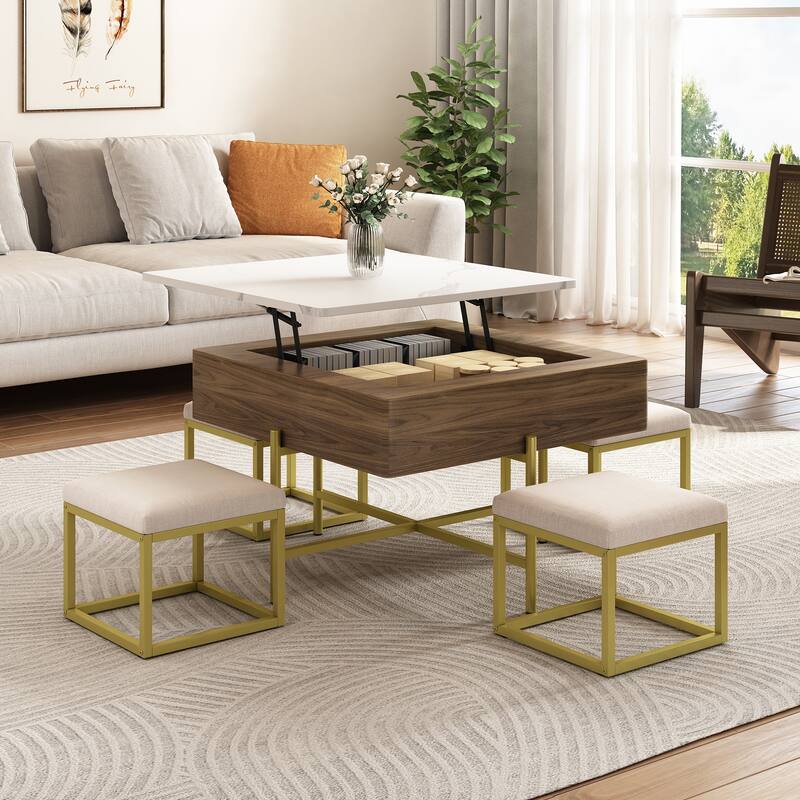 Roomfitters Modern Square Lift-Top Coffee Table Set with Hidden Storage, 4 Upholstered Ottomans, White & Walnut