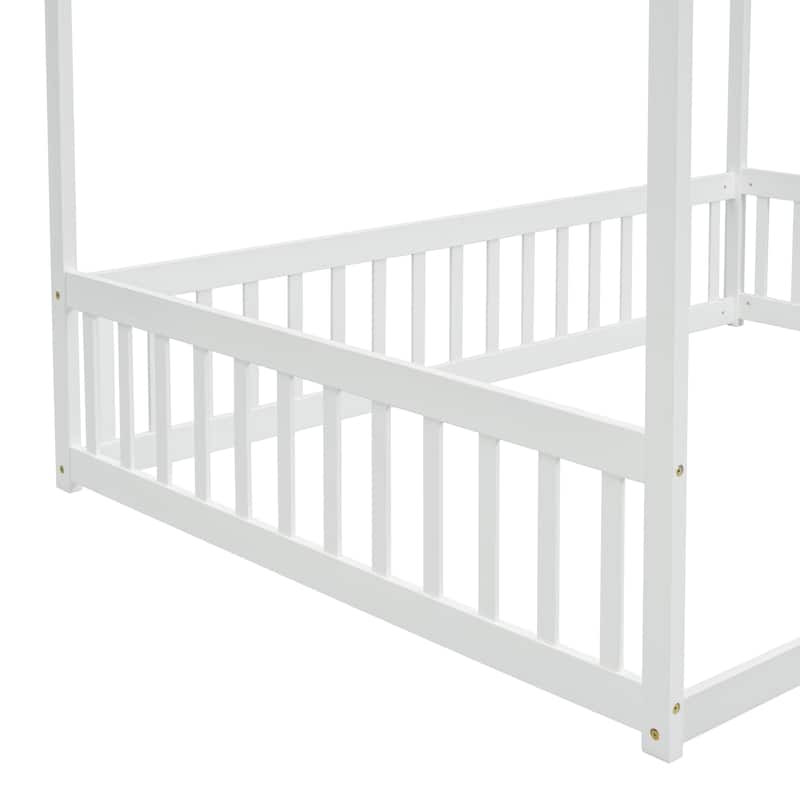 Canopy Frame Floor Bed with Fence and Guardrails