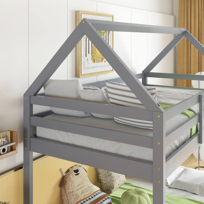 Grey Twin over Twin House-Shaped Bunk Bed with Ladder, Guardrails, and Low Height Design