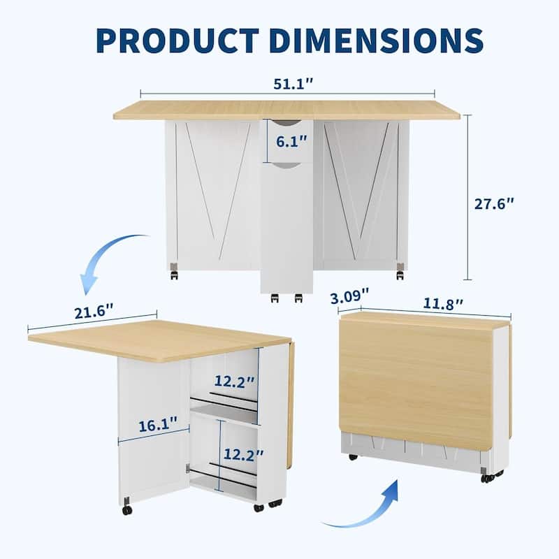 Folding Kitchen Dining Table with Drawer and Storage and Wheels for Kitchens, Apartments (Only Table)