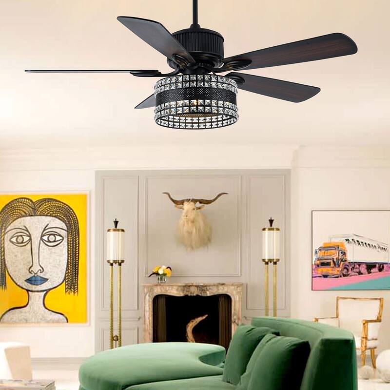 52" Modern Indoor Reversible Crystal Drum Ceiling Fan with Remote Control and Light Kit Chrome