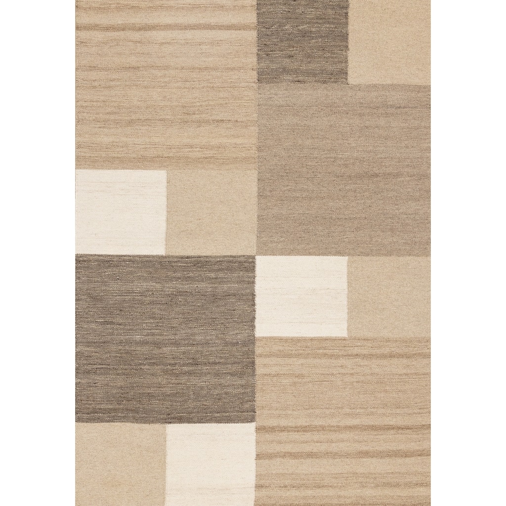 Taupe Beige White Stacked Squares Handmade Wool Rug