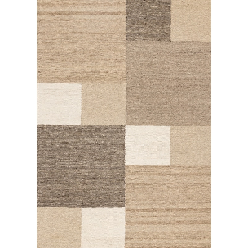 Taupe Beige White Stacked Squares Handmade Wool Rug