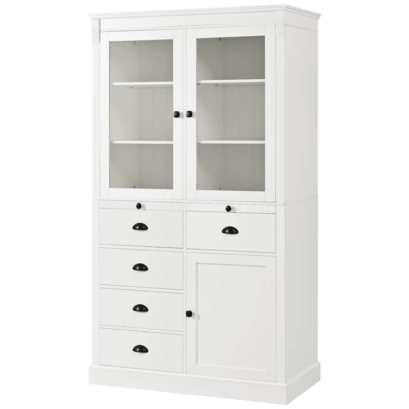 72''H Kitchen Pantry, Display Storage Cabinet with Glass Doors and Drawers, Serving Trays and Shelves