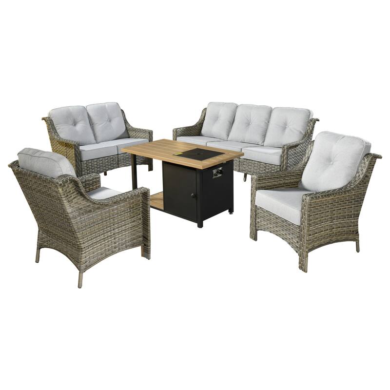 XIZZI 5-piece Patio Furniture Wicker Outdoor High Back Sofa Set with Fire Pit