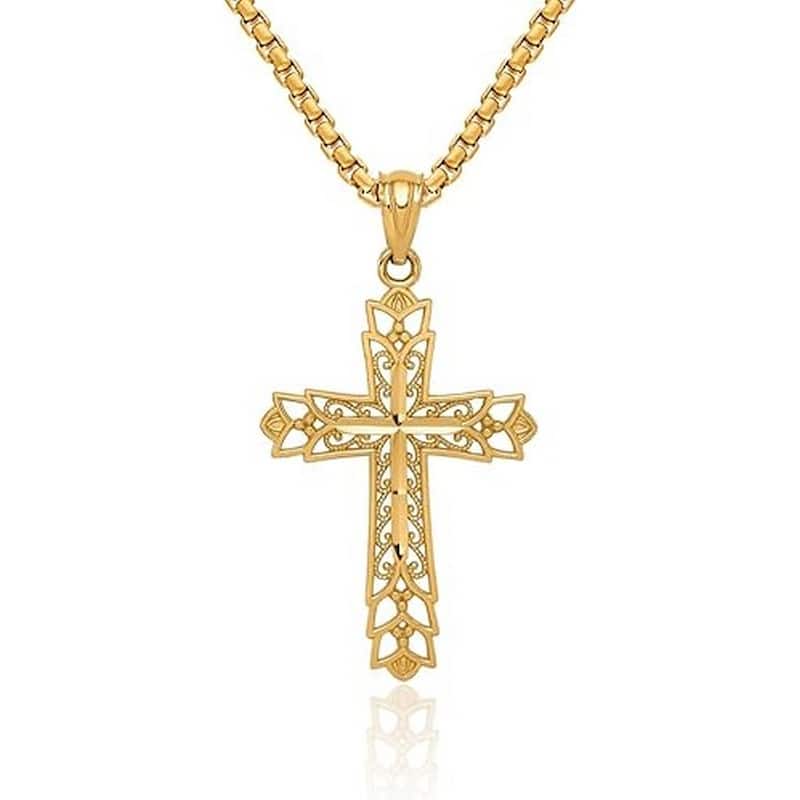 Curata 14k Yellow Gold 18" Filigree Squared Cross Pendant Necklace - 18x30mm