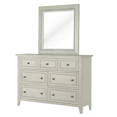 Magnussen Home Raelynn Weathered White Drawer Dresser With Portrait Concave Framed Mirror
