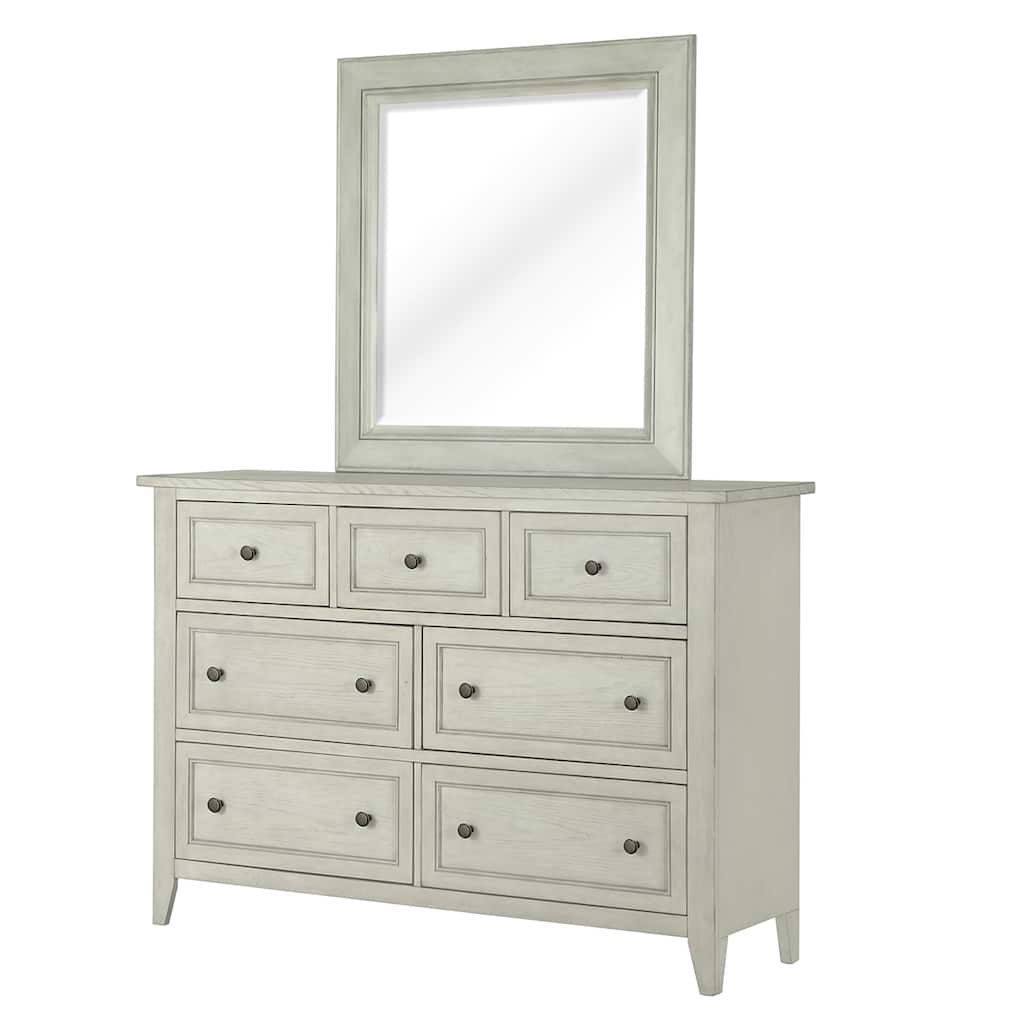 Magnussen Home Raelynn Weathered White Drawer Dresser With Portrait Concave Framed Mirror