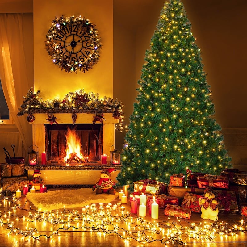9ft Pre-Lit Christmas Tree with 700 LED Lights and 2028 PVC Tips Auto-Spread Hinged Design - 5.2'Dia x 9'H