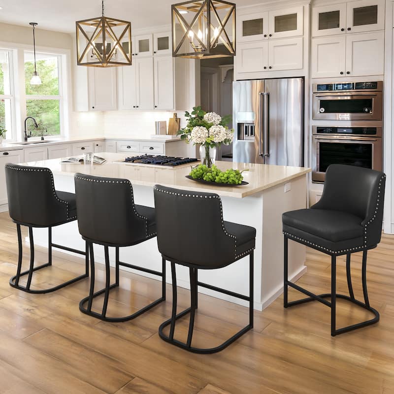 26" Modern Metal Barstools Set of 3 Upholstered Counter Height Bar stools with Back and 6" Thick Cushion for Kitchen Island - Black/Faux Leather
