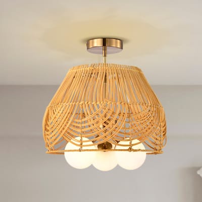 Lucilla 15 Inch Natural Rattan Semi Flush Mount 3-Light