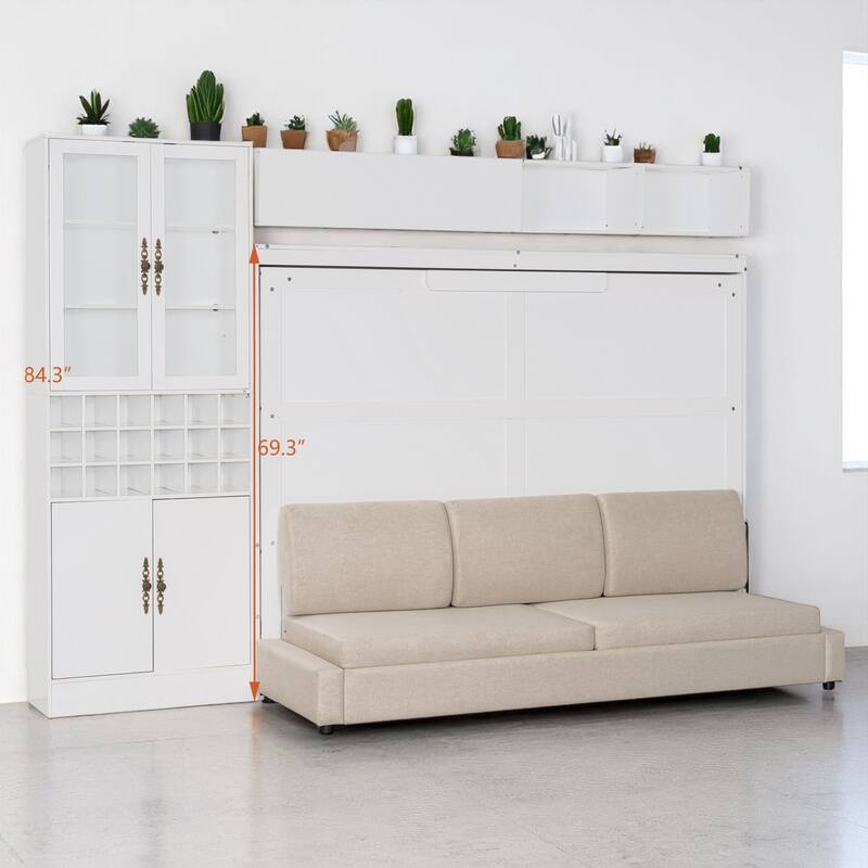 Fold Down Full/Queen Wall Bed with Sofa, USB Charging, Shelves & Built-in Lighting, Space-Saving