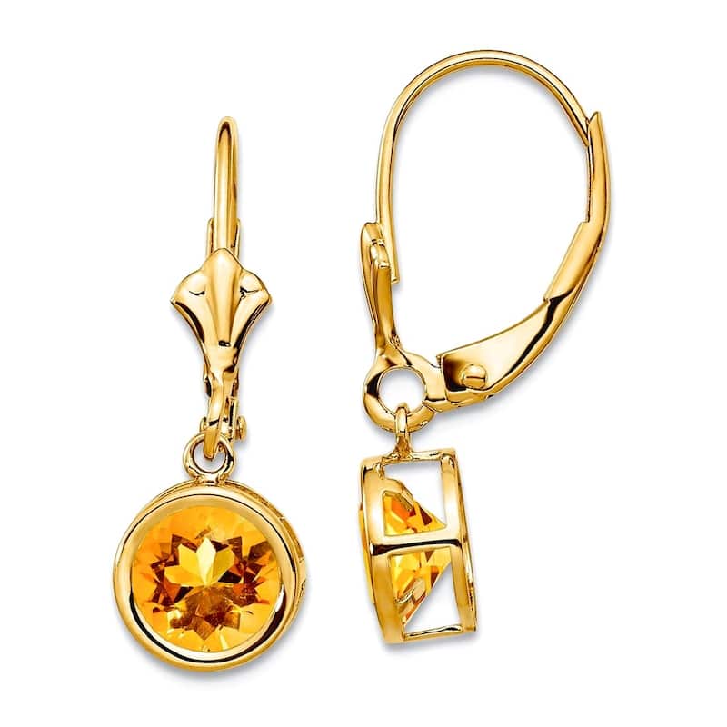 Curata 14k Yellow Gold 6mm Bezel-set Round Genuine Gemstone Leverback Earrings - 25x7mm - Citrine