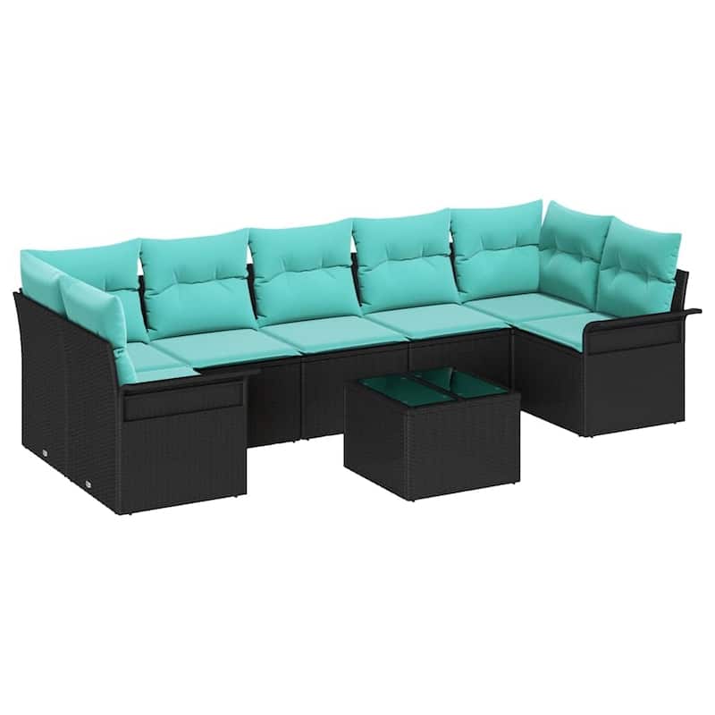 vidaXL 8 Garden Sofa Set with Cushions Black Poly Rattan - 113.8 x 52.2 x 27.2
