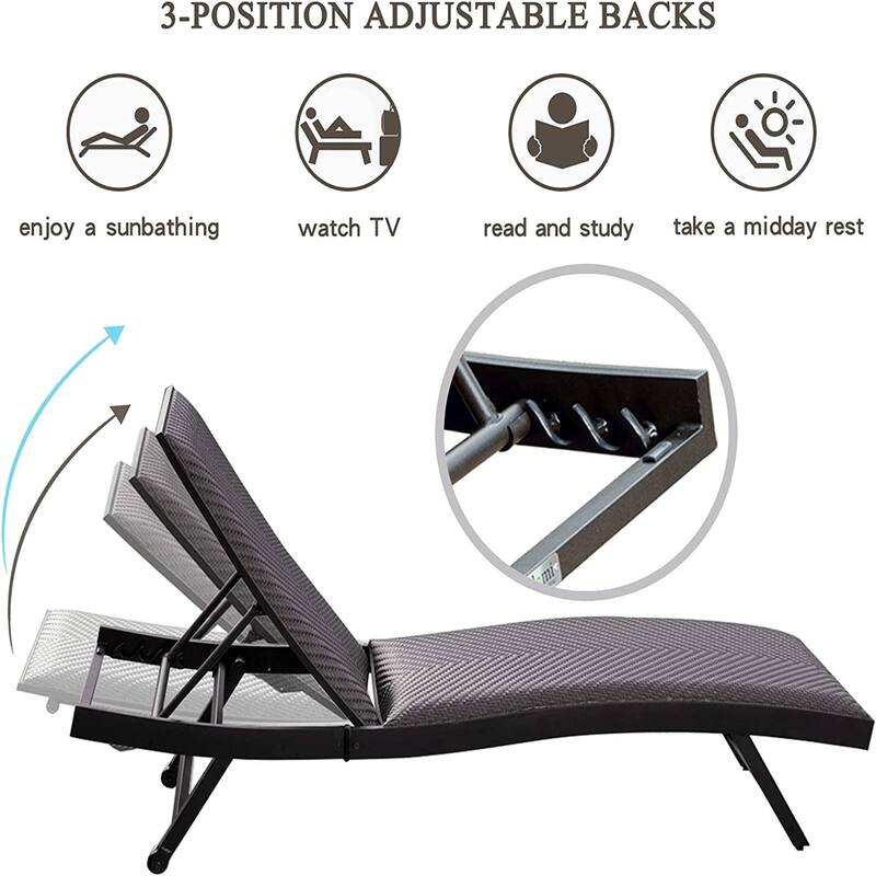 Set of 2 Outdoor Rattan Chaise Lounge Set with Wheels and Adjustable Backrest for Poolside or Patio