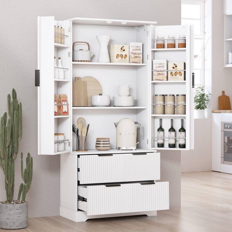 72" Fluted Kitchen Pantry Cabinet, Freestanding Cupboard Storage Cabinet with 2 Drawers for Smart Organization