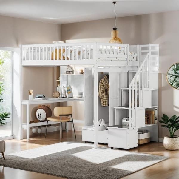 slide 2 of 18, Full size Loft Bed with Bookshelf, Drawers, Desk and Wardrobe, White White