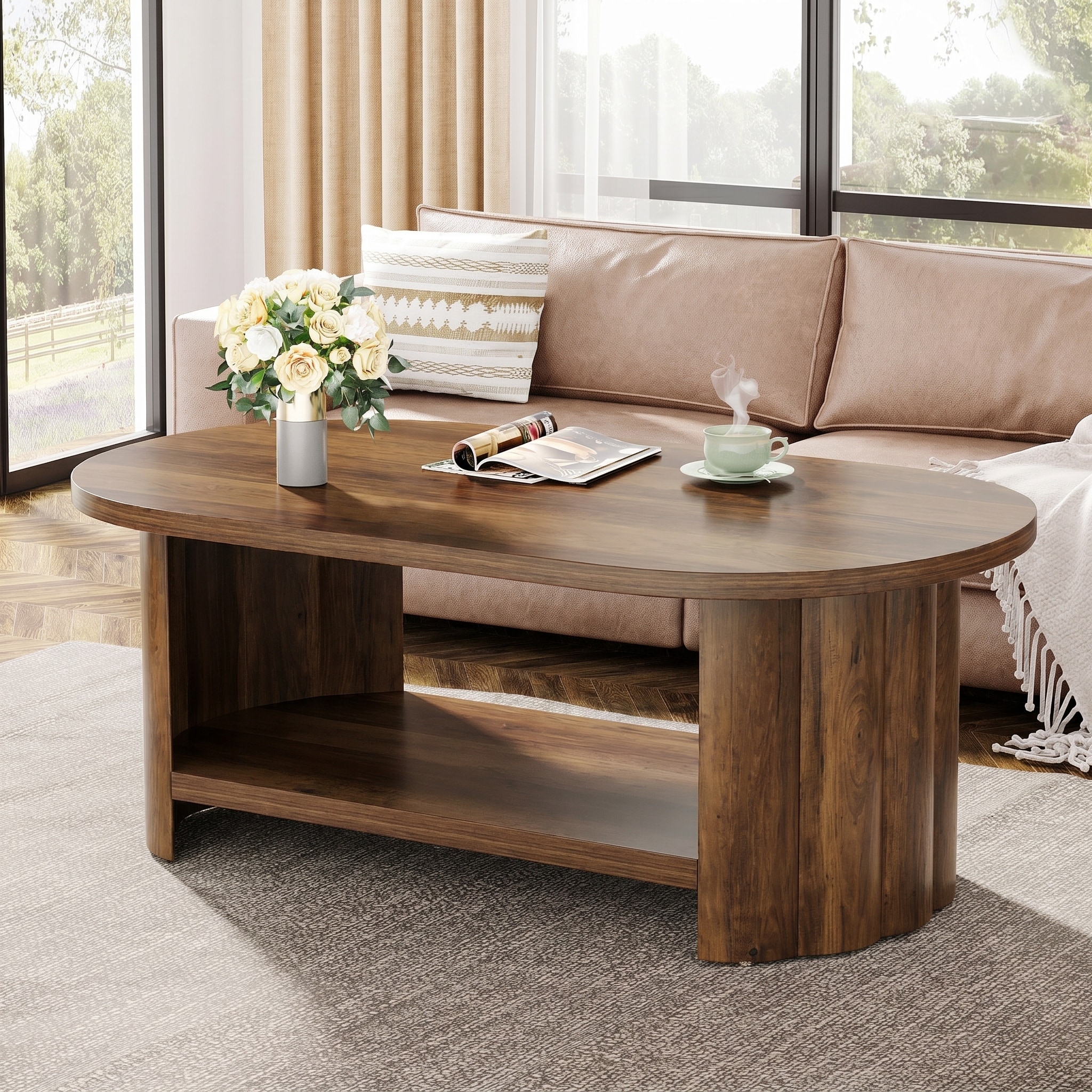 47.24 Inch Farmhouse Coffee Table with 2-tier Storage Shelf - 17.71'' H X 47.24'' W X 23.62'' D