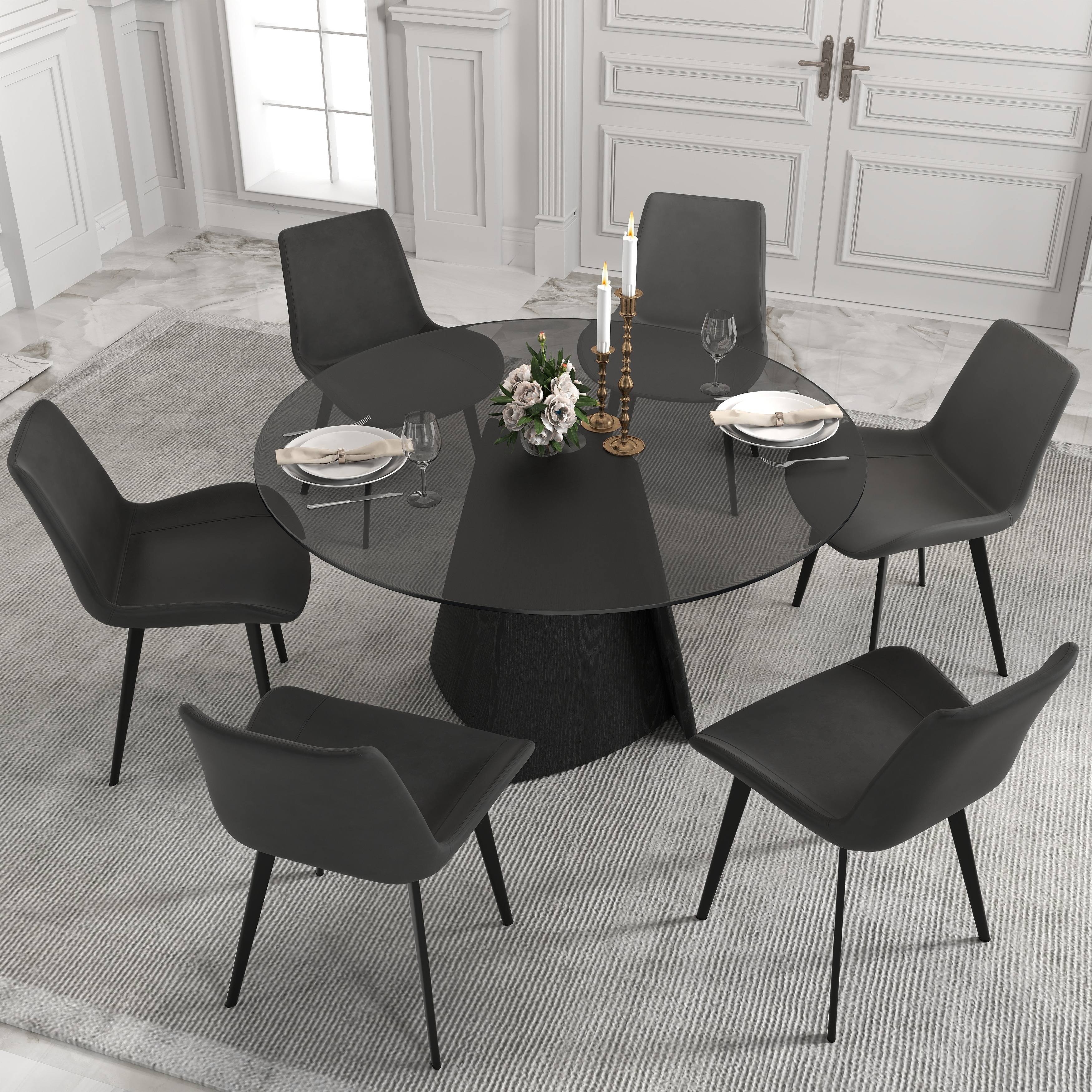 Modern Dining Glass Round Table, 53" Dining Table with Susan with Wood Legs for Dining Room Kitchen