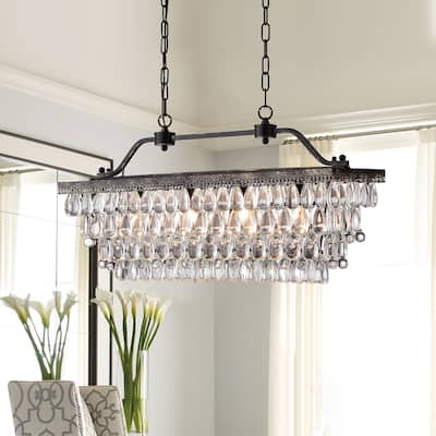 Antique Bronze 4-Light Rectangular Kitchen Island Lighting with Crystal Hanging - Antique Bronze