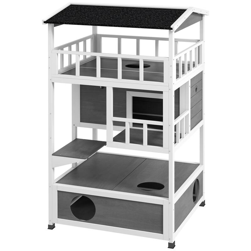 PawHut Wooden Outdoor Cat House, Feral Cat Shelter Kitten Condo with Asphalt Roof - Light Gray