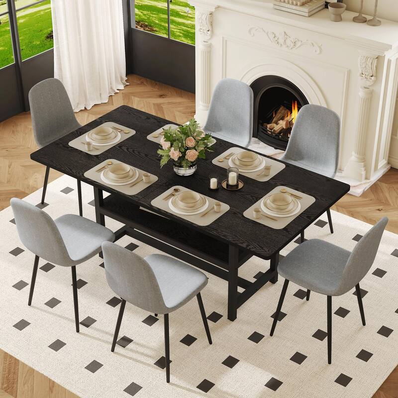 7-Piece Modern Dining Table Set, 71x35.4 Inch Wood Grain Table & 6 High-Resilience Fabric Chairs