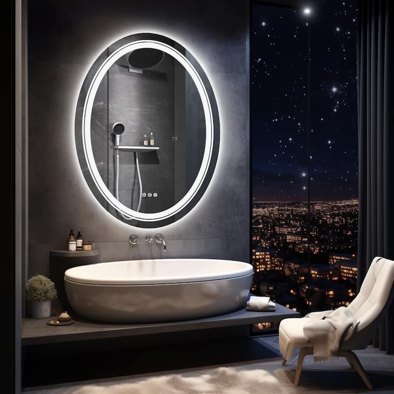 Oval Frameless Dual LED Wall Bathroom Vanity Mirror Dimmable Anti-Fog - 24" x 32"