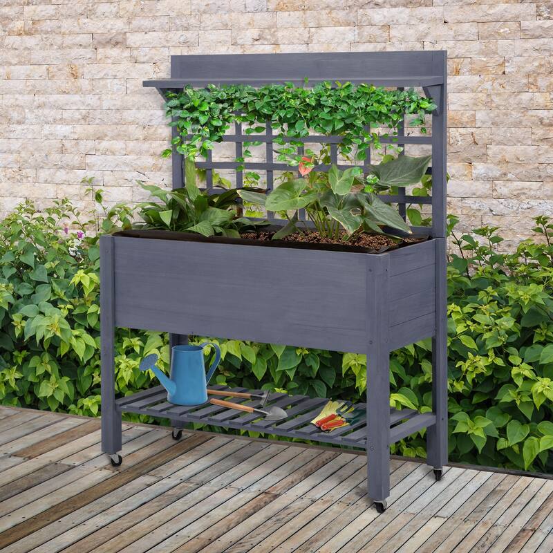 Rolling Raised Garden Planter Box Trellis for Patio Balcony Backyard - Gray
