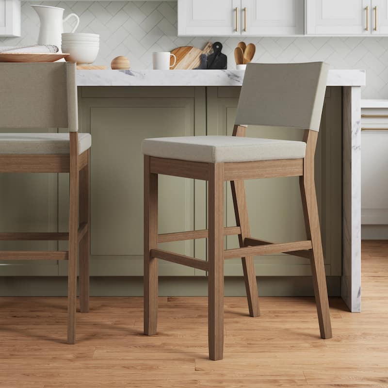 Nathan James Linus Modern Upholstered Bar Stool with Back and Solid Rubberwood Legs - Single - Natural Flax/Brown - Bar Height - 29-32 in.
