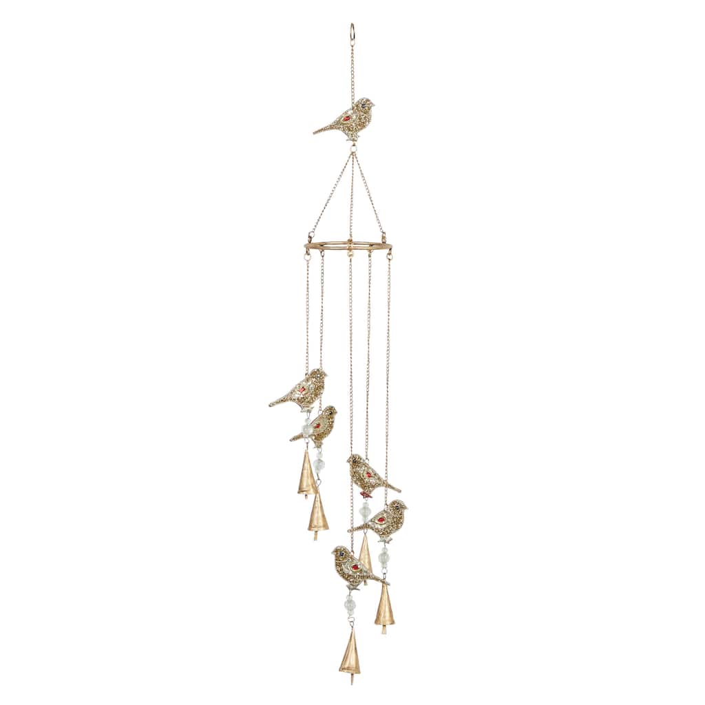 Metal Bird Handmade Embellished Indoor Outdoor Windchime with Glass Beads and Cone Bells - Gold - Roche River Decor