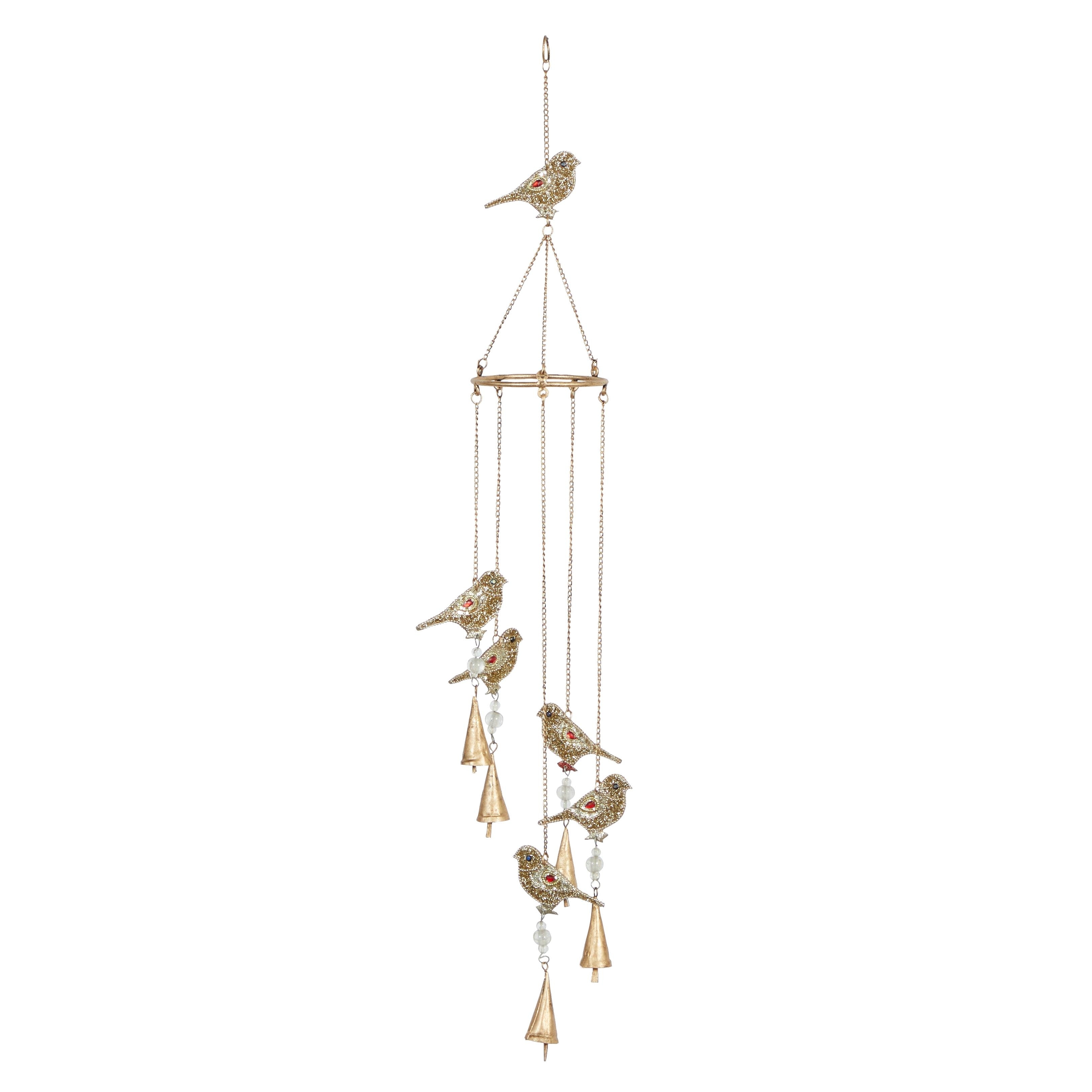 Metal Bird Handmade Embellished Indoor Outdoor Windchime with Glass Beads and Cone Bells - Gold - Roche River Decor