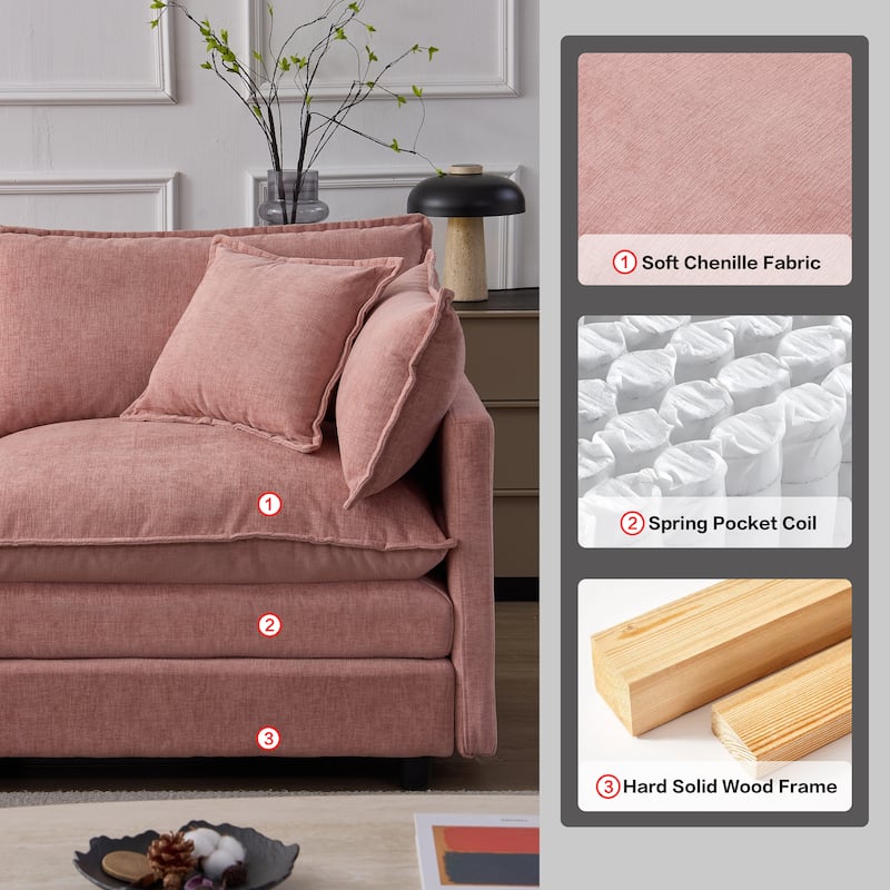 Chenille Upholstered L-shaped Sectional Sofa 3 Seater Modular Couch with Ottoman, Pillows and Double Layer Seat Cushions