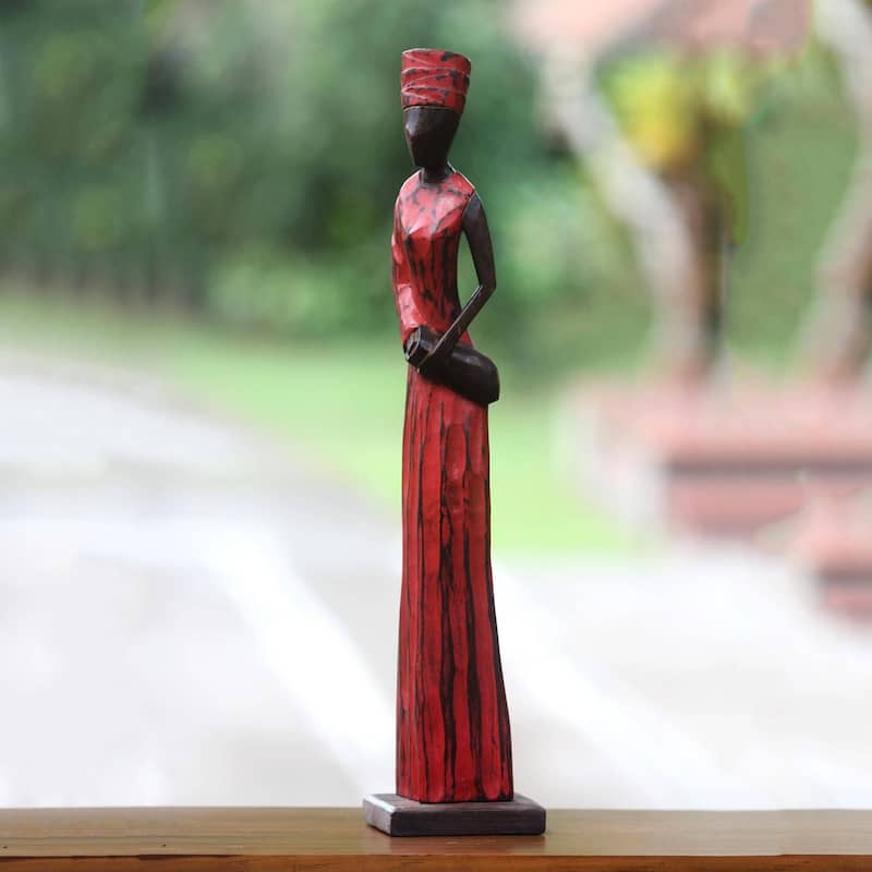 Handmade Lady Merchant Wood Sculpture (Indonesia) - 24.5" H x 5" W x 4.3" D