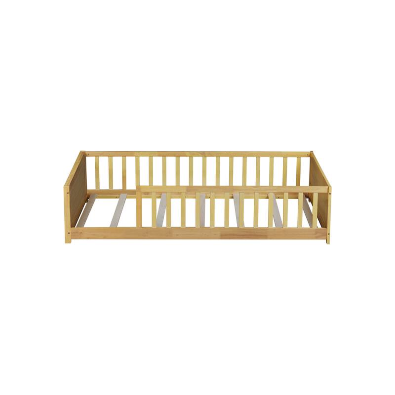 Twin Floor Bed with Built-in Bookcase Rubber Wood Low Profile Platform Bed