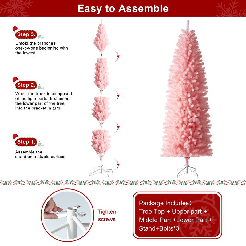 Glitzhome 7.5ft/9ft Shimmering Tinsel Pink Slim Pencil Fir Artificial Christmas Trees