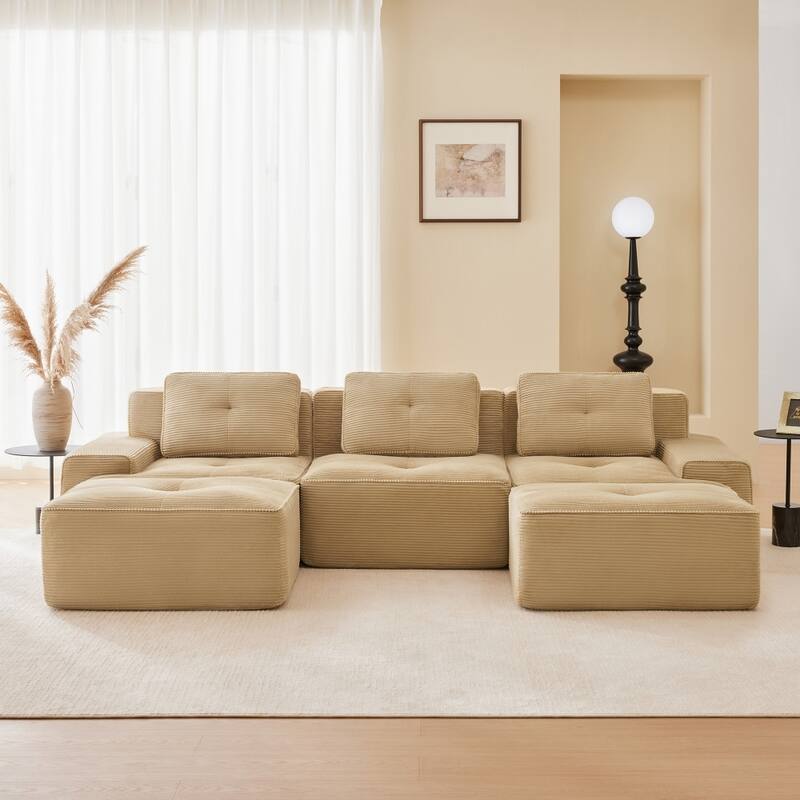 117.3" Minimalist Corduroy Modular Sectional Sofa with Ottomans for Living Room - Camel