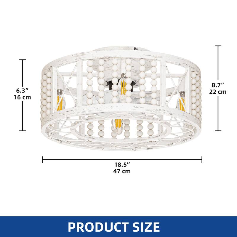 Moasis Farmhouse Flush Mount 18.5 Inch Caged Ceiling Fan with Lights and Remote & Beaded Decor