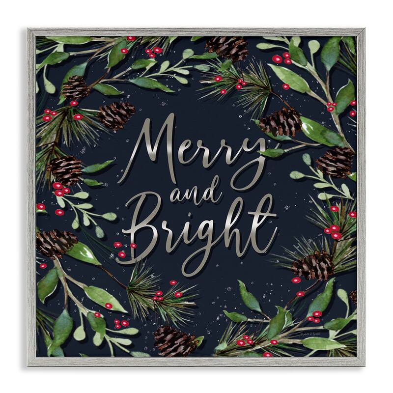 Stupell Merry & Bright with Holly Leaves Framed Giclee Art Design By Elizabeth Tyndall - 17 x 17 - Grey