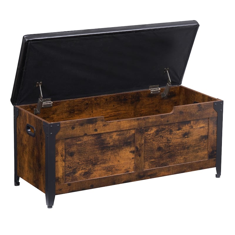 Farmhouse Brown Entryway Shoes Bench Lift-Top Wooden Storage Trunk