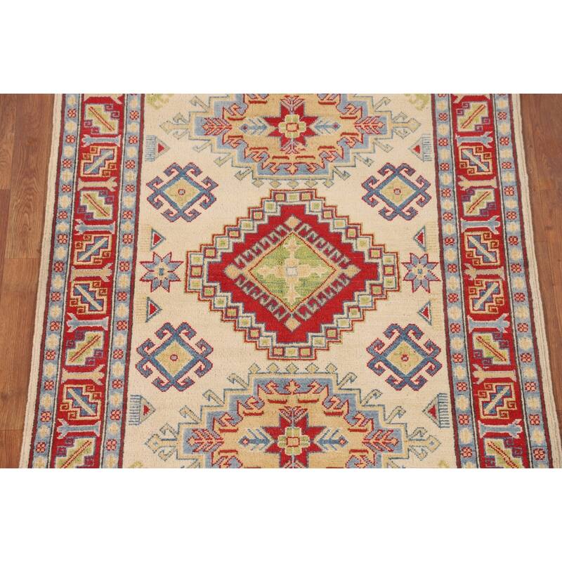 Geometric Kazak Oriental Area Rug Handmade Beige Wool Carpet - 3'11" x 6'0"
